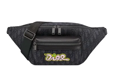 Pre-owned Dior Women's  X Kaws Rider 2.0 Belt Bag In Black  Oblique Jacquard And Black Grained Calfskin
