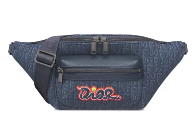 Pre-owned Dior Women's  X Kaws Rider 2.0 Belt Bag In Navy Blue  Oblique Jacquard And Navy Blue Grained Calf