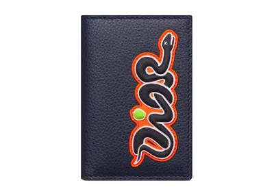 Pre-owned Dior Women's  X Kaws Vertical Bifold Card Holder In Navy Blue Grained Calfskin