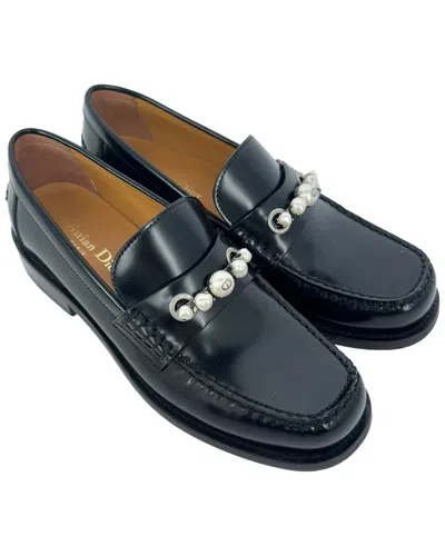 Pre-owned Dior Women's Leather Pearl-embellished Loafer (authentic Pre-loved) In Black