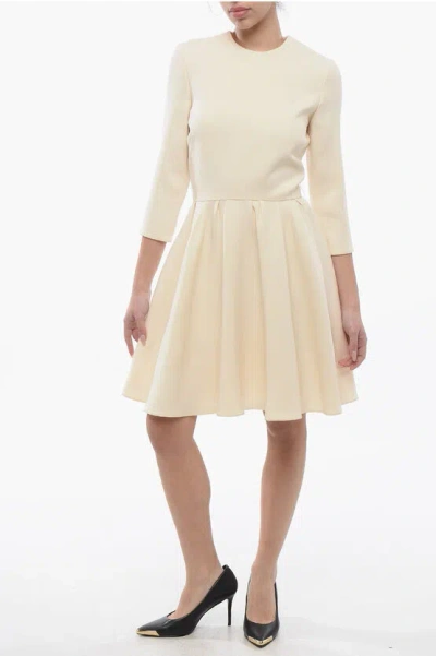 Dior Wool Blend Flared Dress With 3/4 Sleeves In Neutral