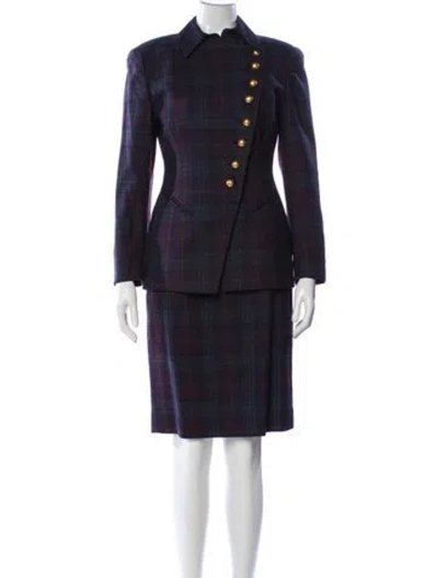 Pre-owned Dior Wool Plaid Print Skirt Suit In Purple