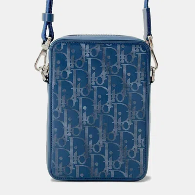 Pre-owned Dior World Tour Messenger Pouch Navy Leather In Navy Blue