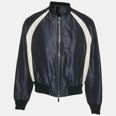 Pre-owned Dior X Air Jordan Navy Blue Logo Embroidery Silk Zip-up Bomber Jacket M