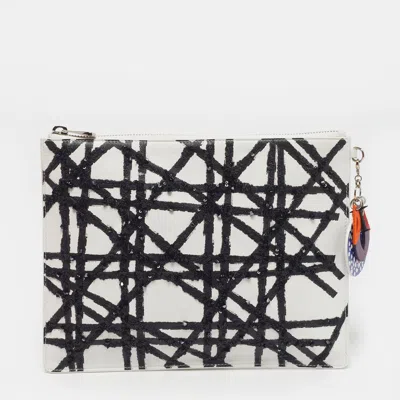 Pre-owned Dior X Daniel Gordon Limited Edition Zip Art White/black Cannage Sequins And Leather Pouch