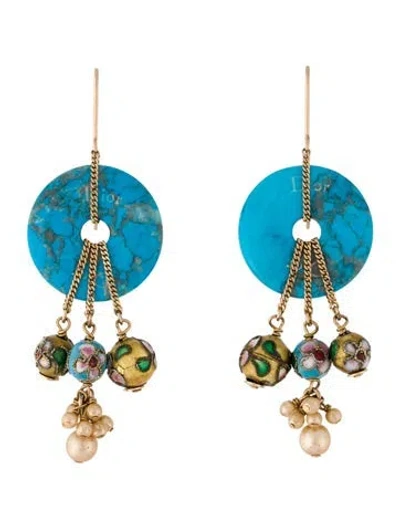 Pre-owned Dior X Galliano Faux Pearl, Enamel & Blue Stone Tonki Drop Earrings In Multi