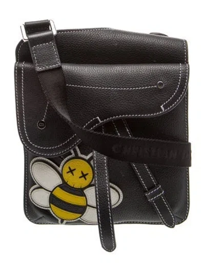 Pre-owned Dior X Kaws Leather Bee Saddle Messenger Bag In Black