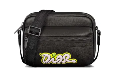 Pre-owned Dior X Kaws Mini Rider 2.0 Zipped Messenger Bag Black Grained Calfskin