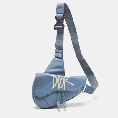 Pre-owned Dior X Shawn Light Blue Leather Saddle Bag