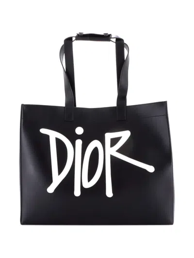 Pre-owned Dior X Shawn Stussy D- Leather With Applique Large Tote Bag In Black