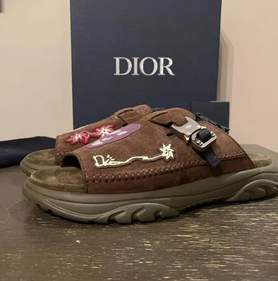 Pre-owned Dior X Travis Scott Q.2 Cactus Jack H-town Sandals Suede Embroidered In Brown