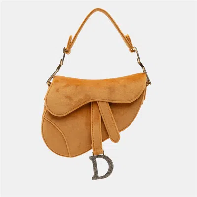 Pre-owned Dior Yellow Mini Velvet Crystal Embellished Saddle Bag