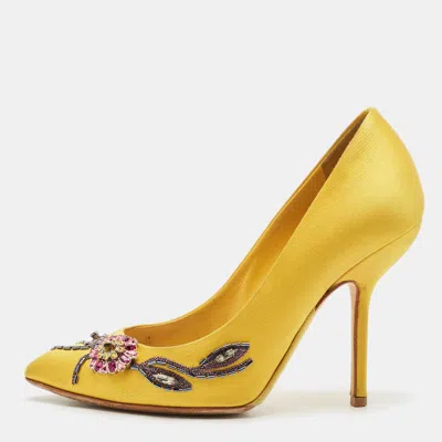 Pre-owned Dior Yellow Satin Embellished Pointed Toe Pumps Size 38