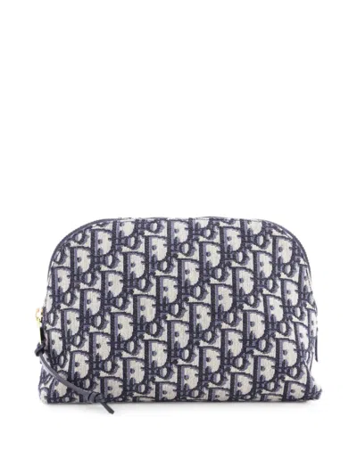 Pre-owned Dior Zip Beauty Oblique Canvas Large Pouch In Blue