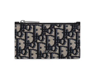 Pre-owned Dior Zipped Card Holder Oblique Jacquard In Beige/black