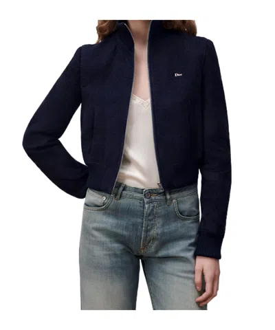 Dior Zipped Cropped Macrocannage Jacket In Blue