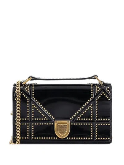 Pre-owned Dior Ama Chain Flap Clutch Studded Patent Crossbody Bag In Black