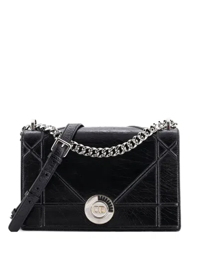 Pre-owned Dior Ama Clasp Flap Bag Crinkled Lambskin Medium Crossbody Bag In Black