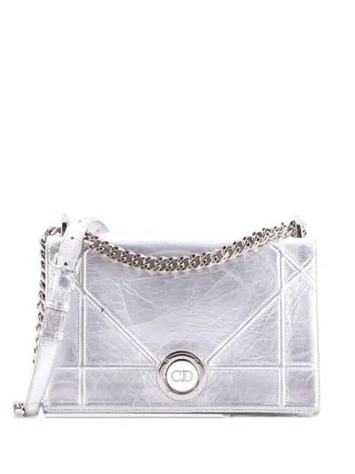 Pre-owned Dior Ama Clasp Flap Bag Crinkled Lambskin Medium Crossbody Bag In Silver