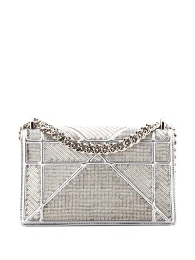 Pre-owned Dior Ama Flap Bag Beaded Leather Small Shoulder Bag In Silver