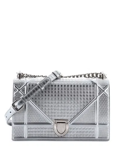 Pre-owned Dior Ama Flap Bag Cannage Embossed Calfskin Medium Shoulder Bag In Silver