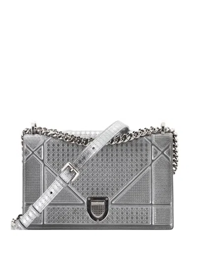 Pre-owned Dior Ama Flap Bag Cannage Embossed Calfskin Medium Shoulder Bag In Silver