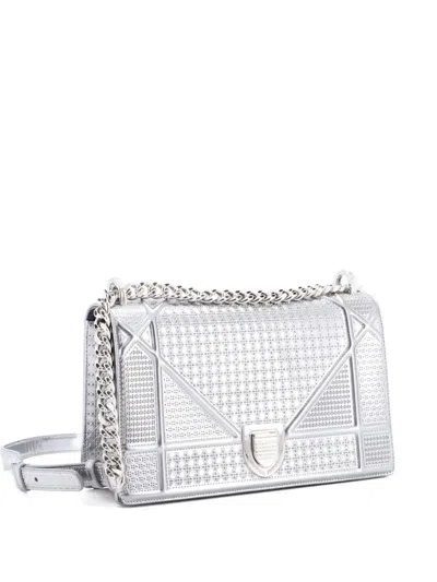 Pre-owned Dior Ama Flap Bag Cannage Embossed Calfskin Small Shoulder Bag In Silver