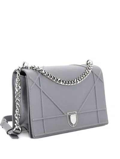 Pre-owned Dior Ama Flap Bag Grained Calfskin Large Shoulder Bag In Gray