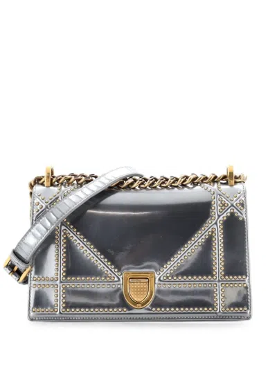 Pre-owned Dior Ama Flap Bag Studded Patent Small Crossbody Bag In Silver