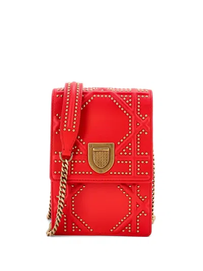 Pre-owned Dior Ama Vertical Clutch On Chain Studded Leather Crossbody Bag In Red