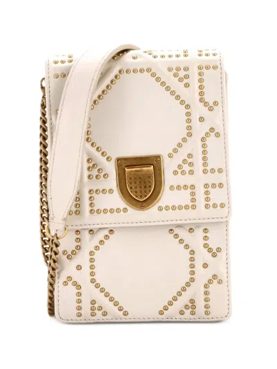 Pre-owned Dior Ama Vertical Clutch On Chain Studded Leather Crossbody Bag In White
