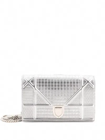 Pre-owned Dior Ama Wallet On Chain Cannage Embossed Calfskin Clutch Bag In Silver