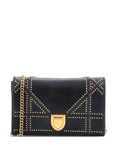 Pre-owned Dior Ama Wallet On Chain Studded Leather Crossbody Bag In Black