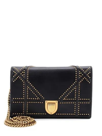 Pre-owned Dior Ama Wallet On Chain Studded Leather Crossbody Bag In Black