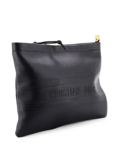 Pre-owned Dior Double Zip Leather Medium Pouch In Black