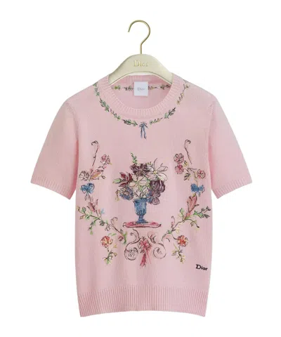 Dior Iviera Embroidered Short-sleeved Sweater In Pink