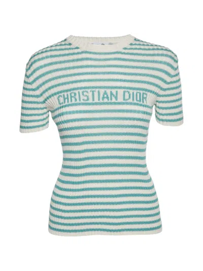Pre-owned Dior Iviera Striped Rib-knit T-shirt In White
