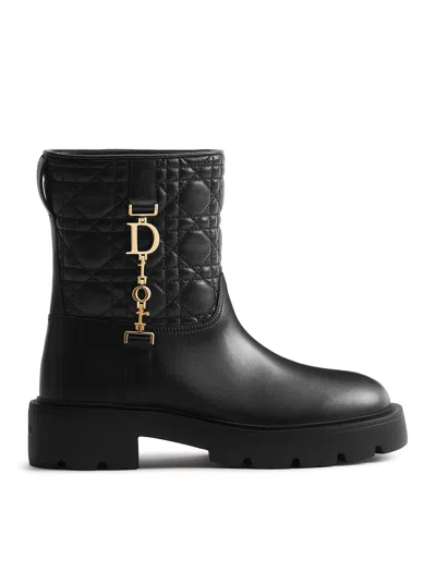 Dior Ly Ankle Boot In Calfskin And Quilted Cannage Lambskin In Black