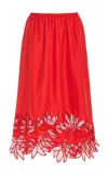 Diotima Coverley Botanical Cutwork Silk Twill Skirt In Red