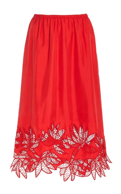 Diotima Coverley Botanical Cutwork Silk Twill Skirt In Red