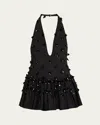 Diotima Embellished Plunging Ruffle Halter Top In Black