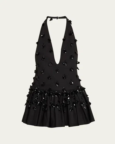 DIOTIMA EMBELLISHED PLUNGING RUFFLE HALTER TOP