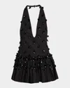Diotima Embellished Plunging Ruffle Halter Top In Black