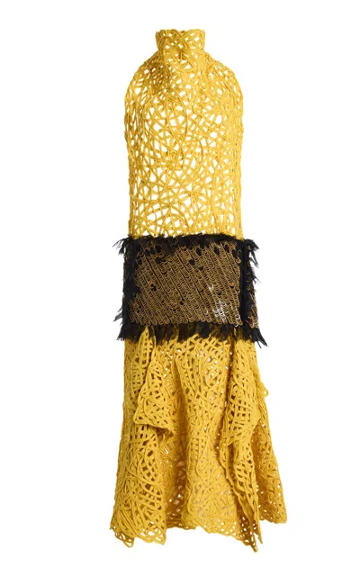 Diotima Exclusive Embroidered Midi Halter Dress In Yellow
