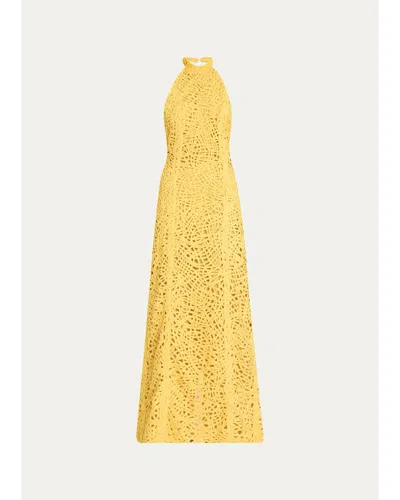 Diotima Fata Crochet Backless Halter Column Gown In Cadmium Yellow