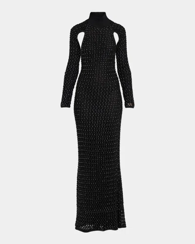 Diotima Femme Embellished Crochet Long-sleeve Backless Maxi Dress In Black