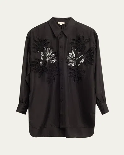 Diotima Long Broderie Anglaise Cutout Oversized Poplin Shirt In Black
