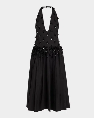 Diotima Nuit Embellished Plunging Halter Drop-waist Gown In Black
