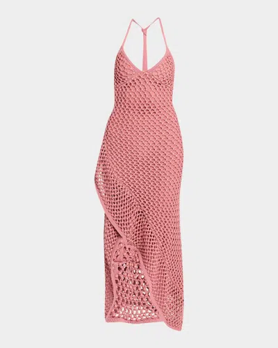 Diotima Riki Crystal Crochet Knit Halter Maxi Dress In Pink