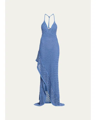 Diotima Riki Crystal Crochet Knit Halter Maxi Dress In Blue
